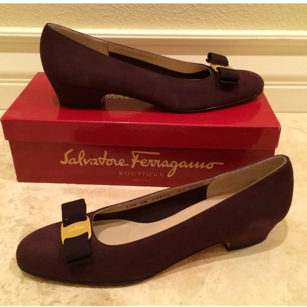 Salvatore Ferragamo Plum Suede Vara 9.5n Original Box Vintage New Made In Italy